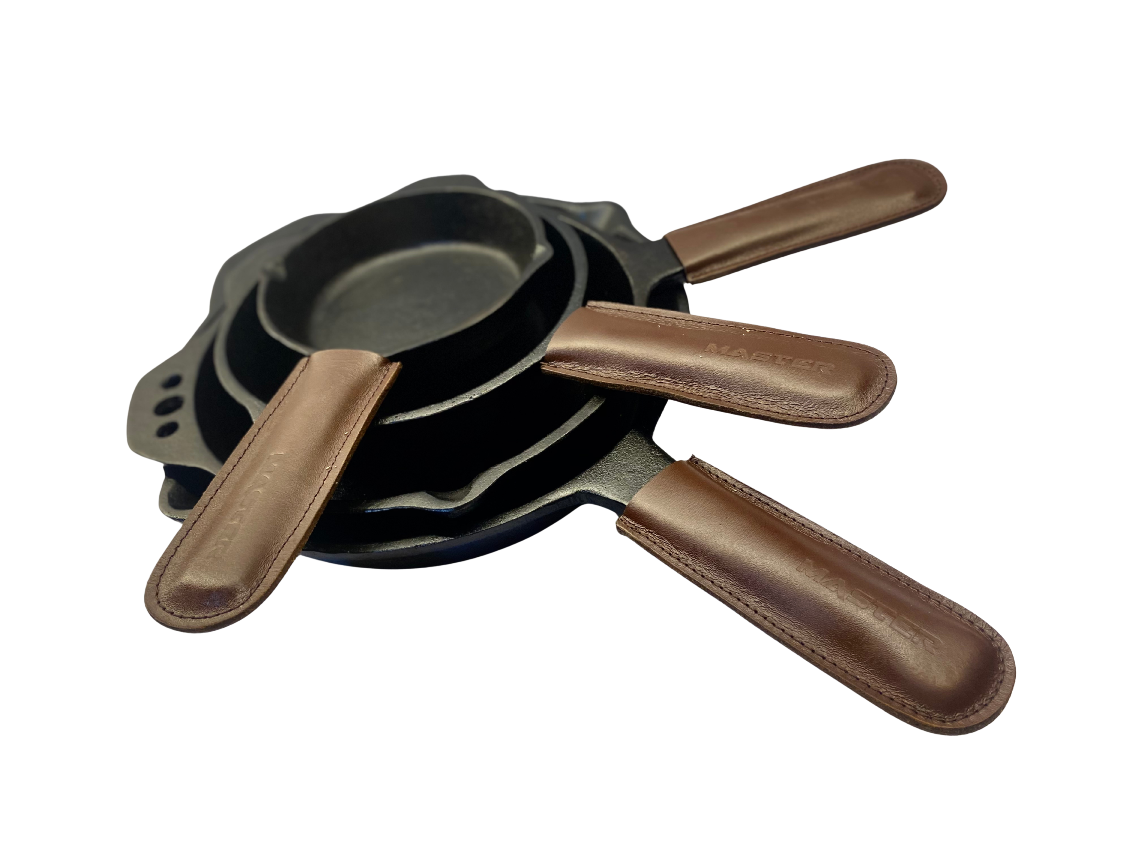 full set 4 skillet with leather handels