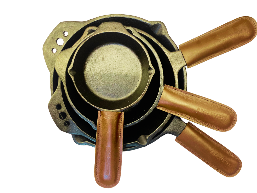 full set 4 skillet with leather handels