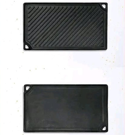 Two black griddle plates on a white background with a red border